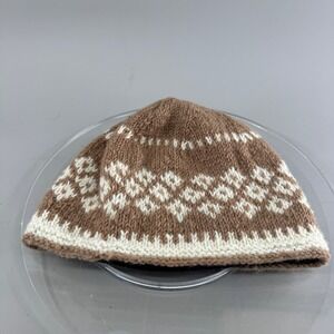 Feelgoodz Unisex Wool Beanie Hat Fair Isle Fleece Lined Nepal Brown White OS